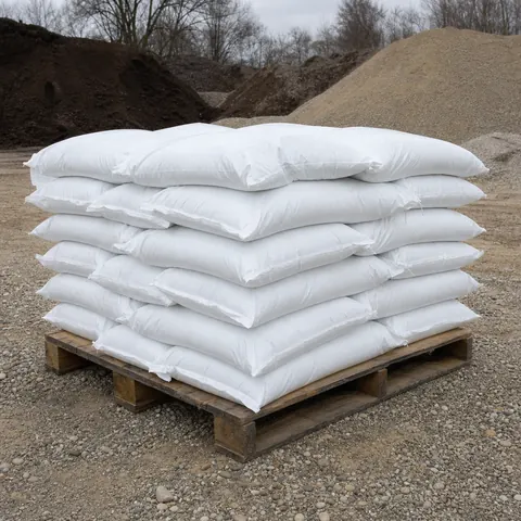 Stack of plain white ice melt bags on a pallet (generic photo)