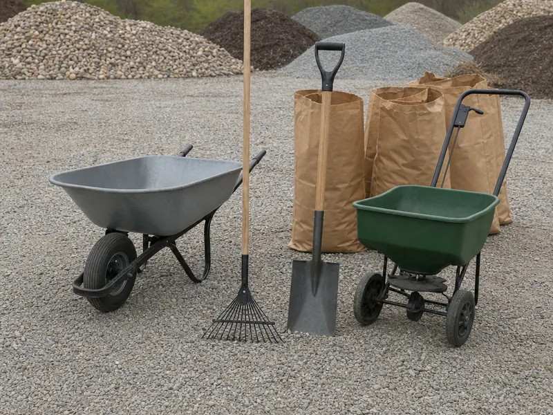A wheelbarrow, rake, shovel and spreader (generic product photo)